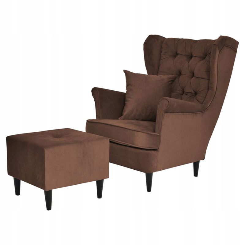 Fotel uszak do salonu z podnóżkiem Family Meble Gaja brązowy orzech 1szt