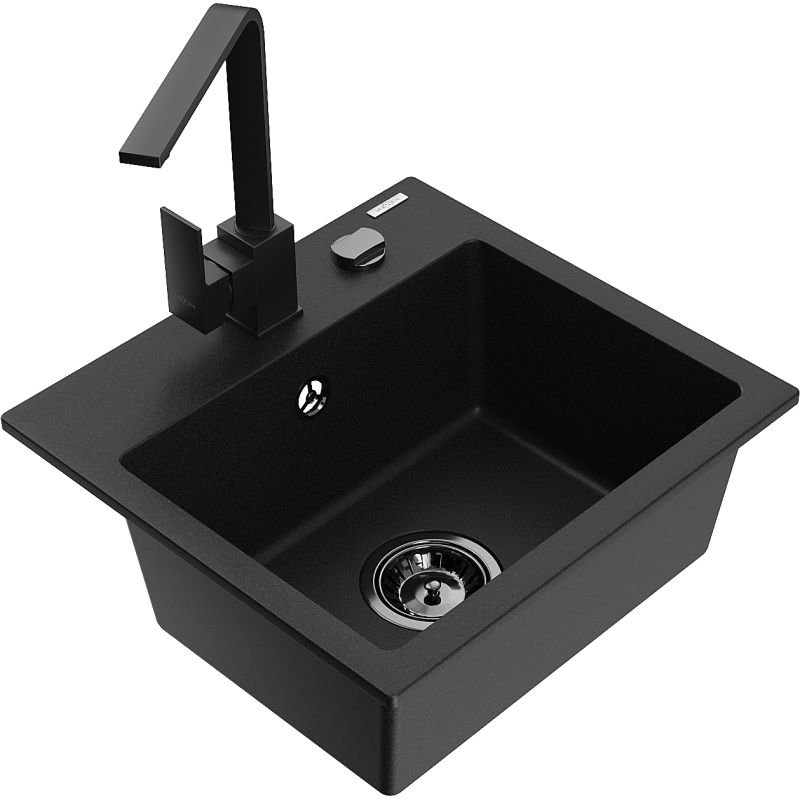 Zlewozmywak granitowy 1-komorowy Mexen Milo z baterią kuchenną Rita czarny nakrapiany - 6505-76-670300-70 1 szt.