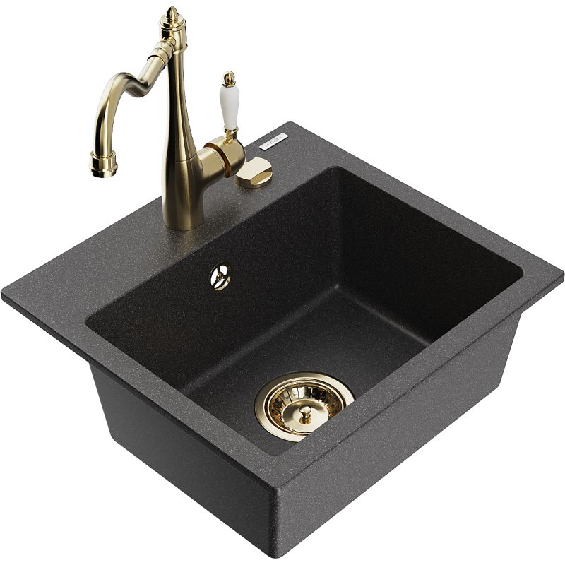 Zlewozmywak granitowy 1-komorowy Mexen Milo z baterią kuchenną Carla czarny nakrapiany 6505-76-670700-50