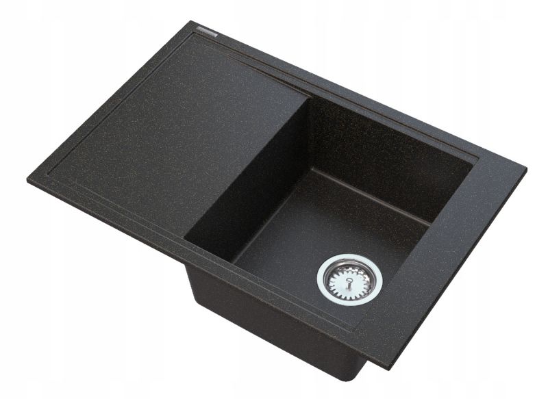Zlewozmywak Granitowy Jednokomorowy Z Ociekaczem Granitan Lepe Czarny Z Drobinkami Złota Syfon 1 kpl.
