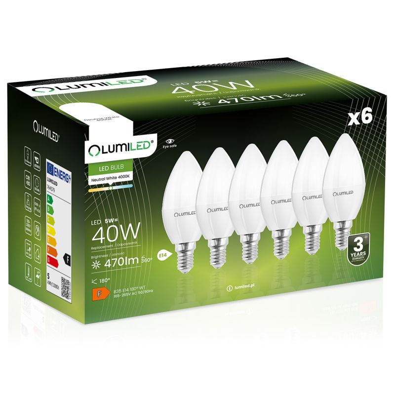 Żarówka LED LUMILED E14 B35 5W 470lm 4000K 180st 6 szt.