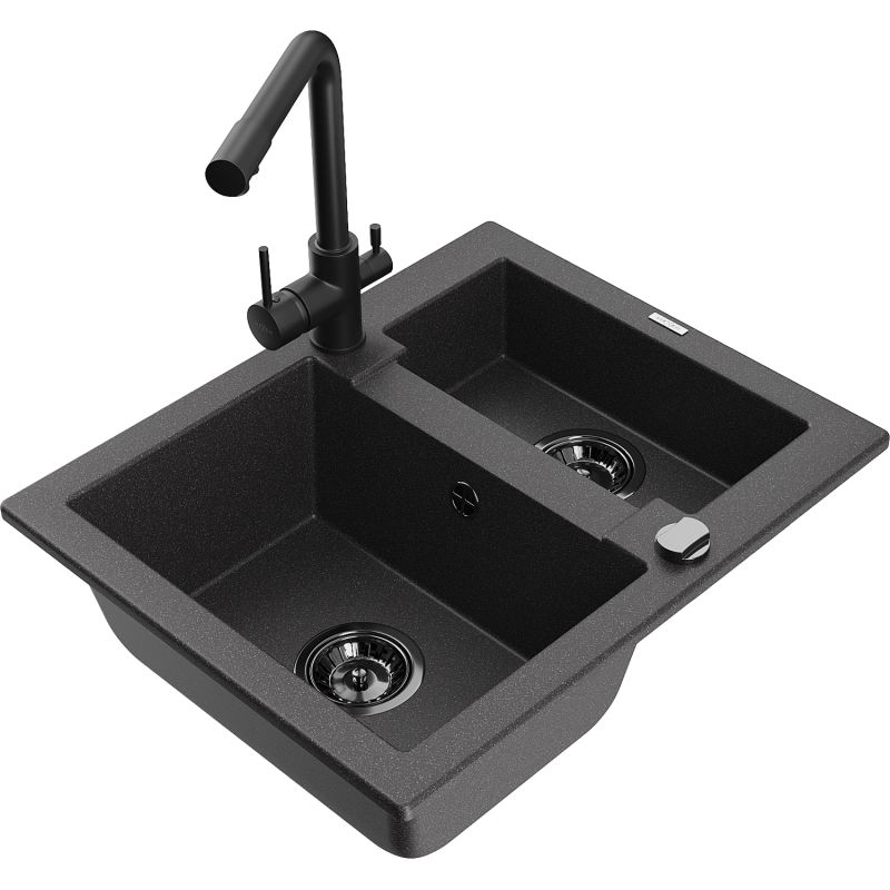 Zlewozmywak granitowy 1.5-komorowy Mexen Carlos z baterią kuchenną Duero czarny nakrapiany 6518-76-671600-70-B
