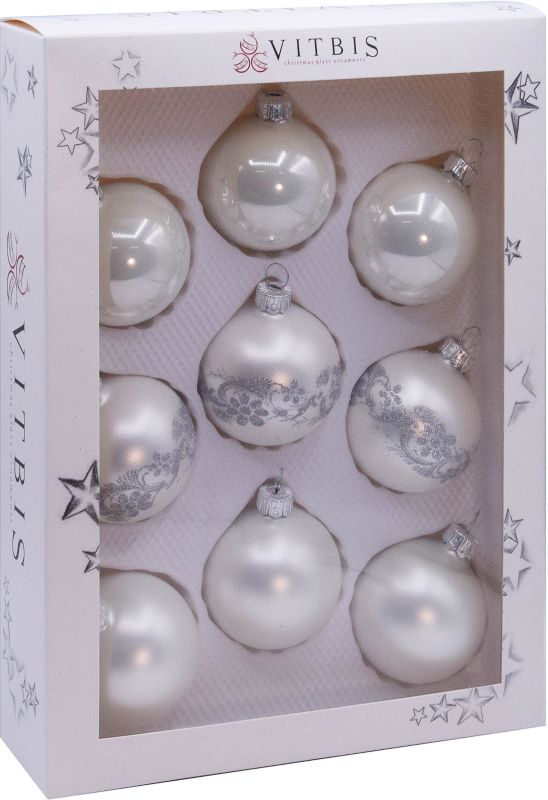Bombki szklane Vitbis 6 cm gładkie i dekorowane białe 9 szt.