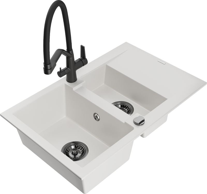 Zlewozmywak granitowy Mexen Gaspar 1,5-komorowy z ociekaczem i baterią kuchenną Duo czarny - 6507-77-671701-57-B 1 szt.