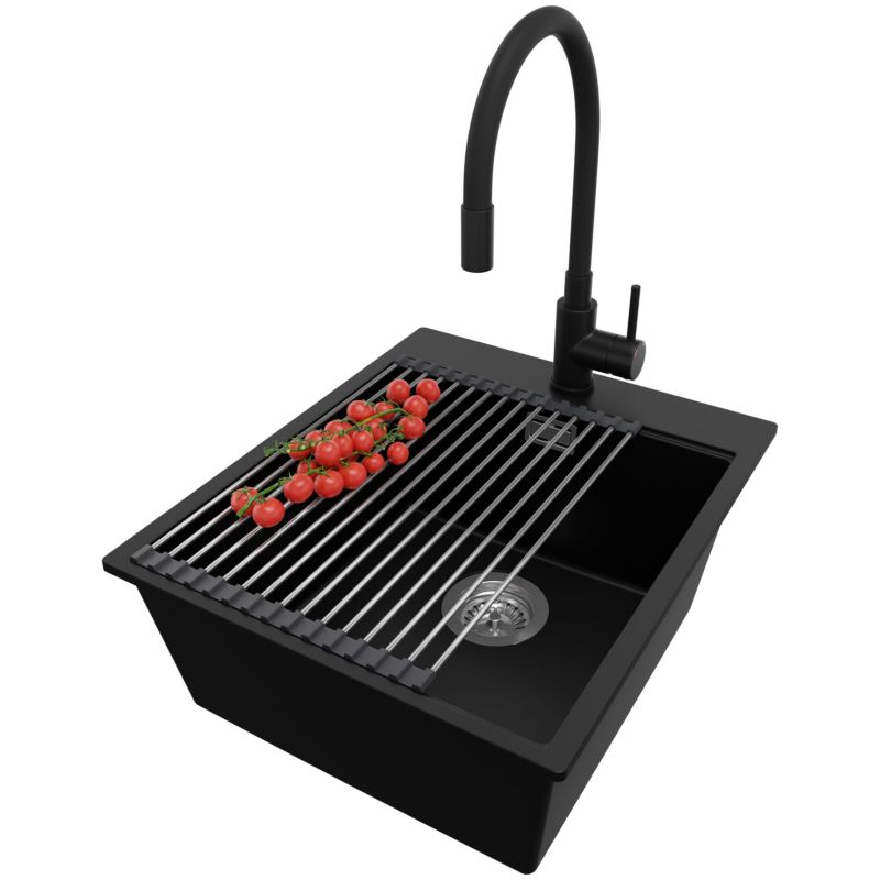 Zlewozmywak Granitowy Oslo PRIMAGRAN Nablatowy 43x50cm do szafki od 45cm z Syfonem i Baterią i Dodatkiem Czarny 1 szt.