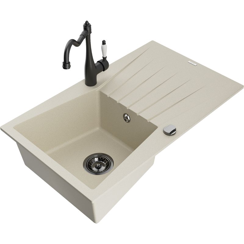 Zlewozmywak granitowy 1-komorowy Mexen Cesar z ociekaczem i baterią kuchenną Carla biały - 6514-20-670700-70 1 szt.