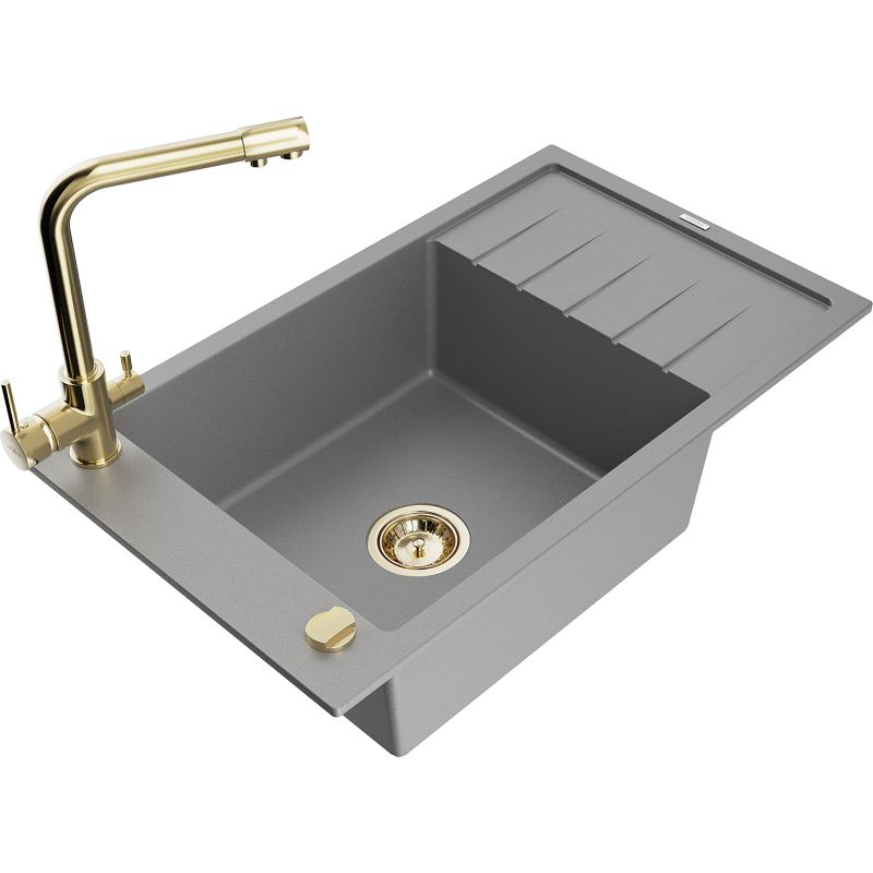 Zlewozmywak granitowy 1-komorowy Mexen Elias z ociekaczem i baterią kuchenną Duero szary 6511-71-671600-50