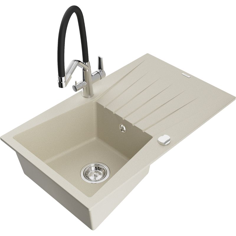 Zlewozmywak granitowy 1-komorowy Mexen Cesar z ociekaczem i baterią kuchenną Duo beżowy 6514-69-671701-07
