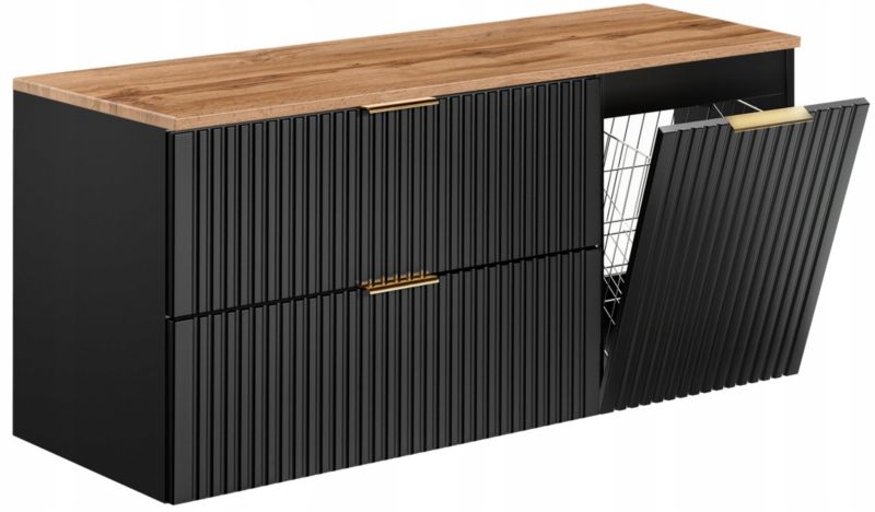 Szafka pod umywalkę Furnidea 120 cm ryflowana z koszem na pranie czarna z blatem dąb Wotan Adel 1 szt.