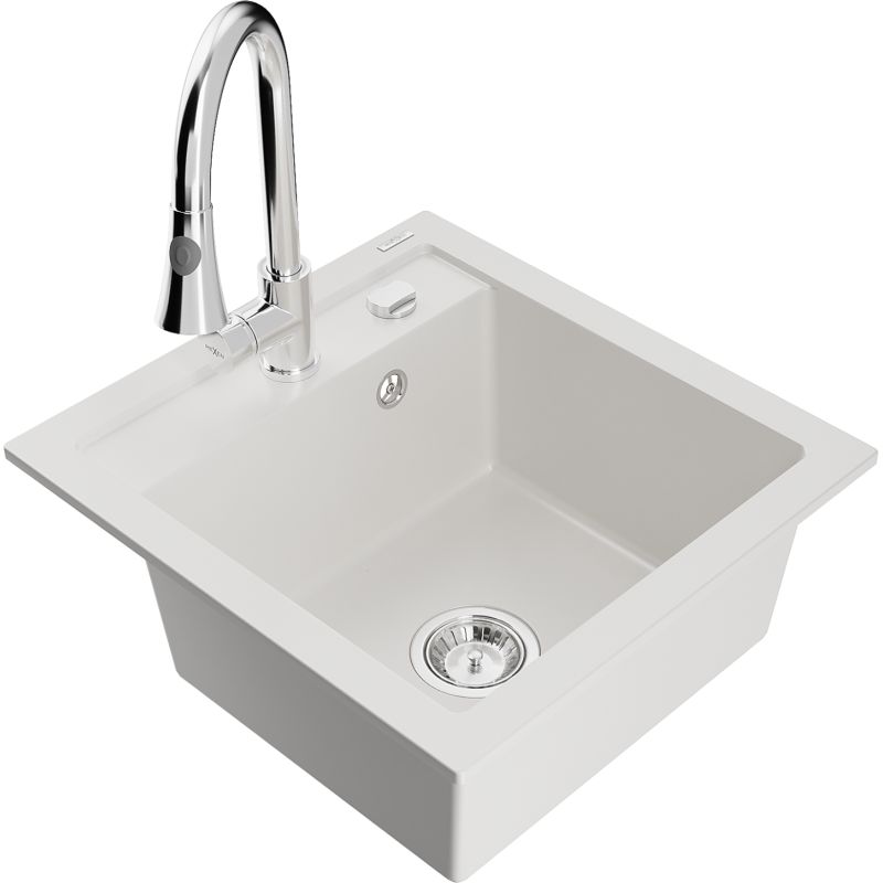 Zlewozmywak granitowy 1-komorowy Mexen Vito z baterią kuchenną Elia biały 6503-20-670101-00