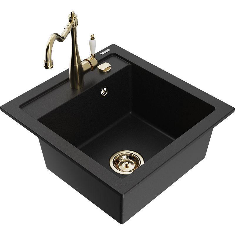 Zlewozmywak granitowy 1-komorowy Mexen Vito z baterią kuchenną Carla czarny 6503-77-670700-50