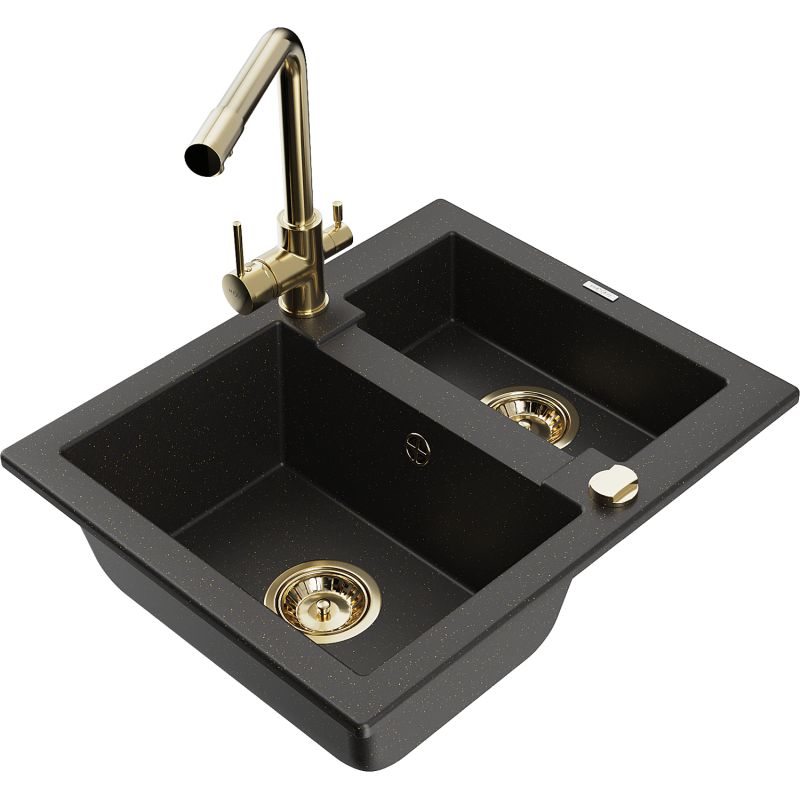 Zlewozmywak granitowy 1.5-komorowy Mexen Carlos z baterią kuchenną Duero czarny/złoty metalik 6518-75-671600-50