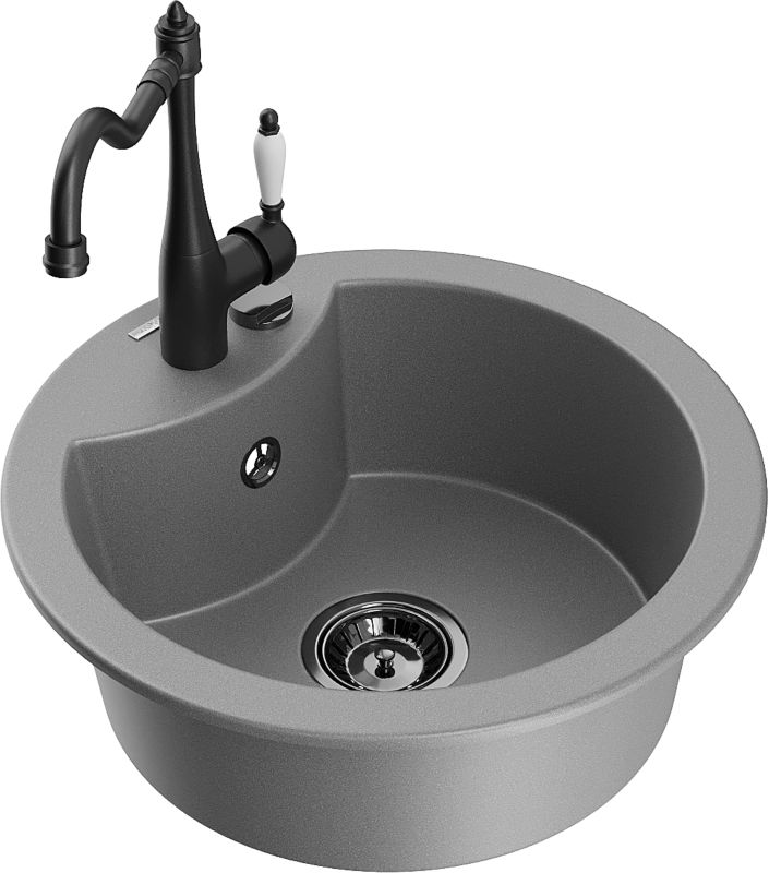 Zlewozmywak granitowy Mexen Diego 1-komorowy z baterią kuchenną Carla szary 6512-71-670700-70-B