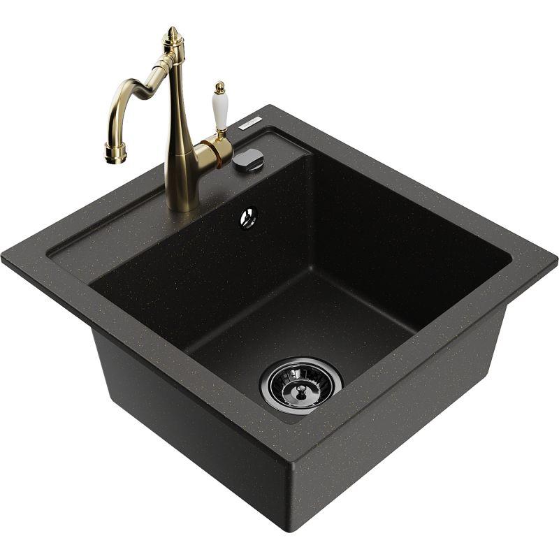 Zlewozmywak granitowy 1-komorowy Mexen Vito z baterią kuchenną Carla czarny/złoty metalik 6503-75-670700-50-B