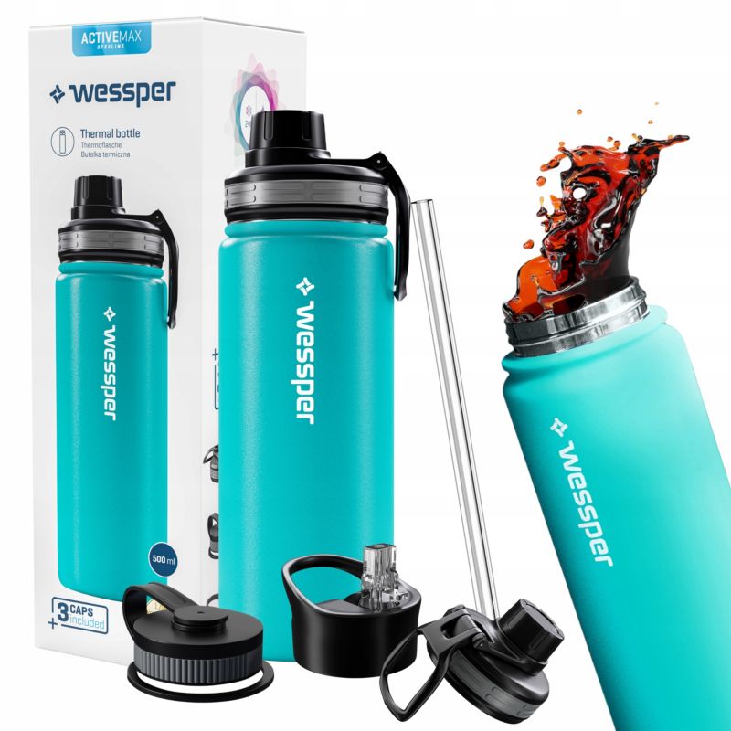 Butelka termiczna, Wessper, termos, kubek termiczny, zestaw z 3 nasadkami do picia, 500ml, stal nierdzewna, niebieski, 1szt