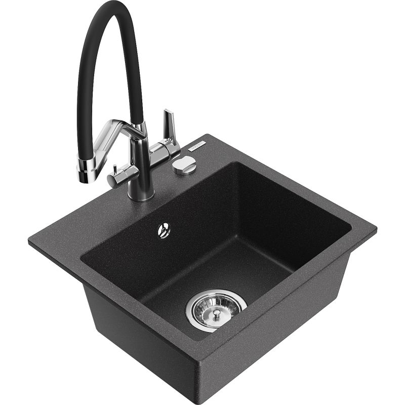 Zlewozmywak granitowy 1-komorowy Mexen Milo z baterią kuchenną Duo czarny nakrapiany 6505-76-671701-07