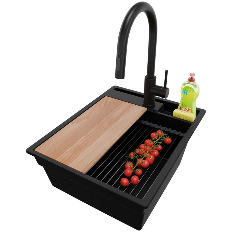 Zlewozmywak Granitowy Oslo Pocket PRIMAGRAN Nablatowy 43x53cm, Cały Czarny + Bateria + Syfon + Akcesorium, S115, 1 szt.