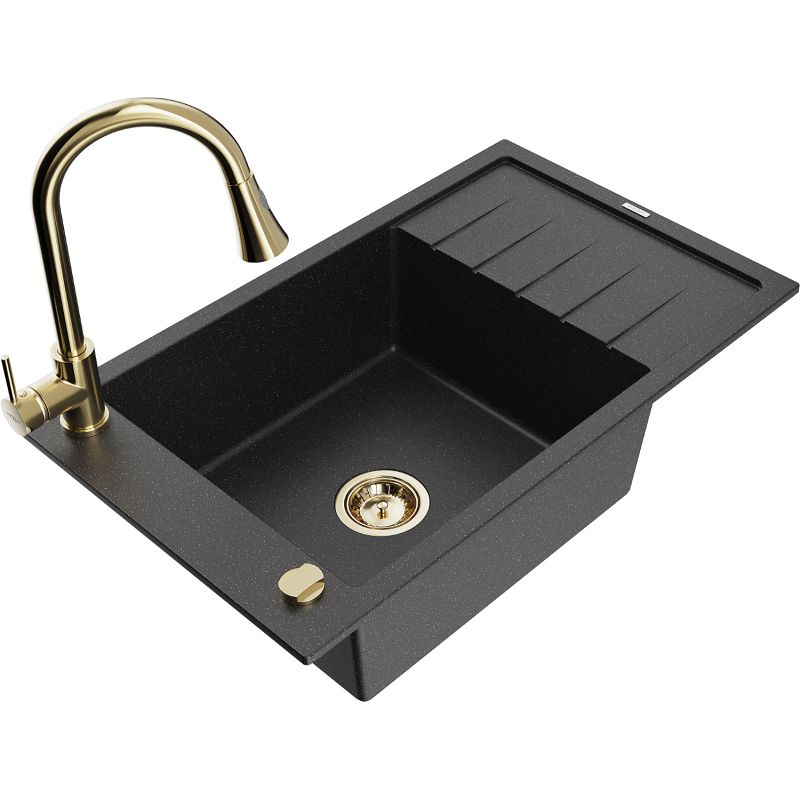 Zlewozmywak granitowy 1-komorowy Mexen Elias z ociekaczem i baterią kuchenną Elia czarny/srebrny metalik 6511-73-670101-50