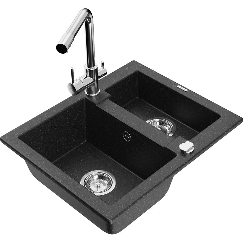 Zlewozmywak granitowy 1.5-komorowy Mexen Carlos z baterią kuchenną Duero czarny/srebrny metalik 6518-73-671600-00