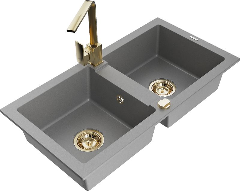 Zlewozmywak granitowy Mexen Mario 2-komorowy z baterią kuchenną Rita szary 6504-71-670300-50