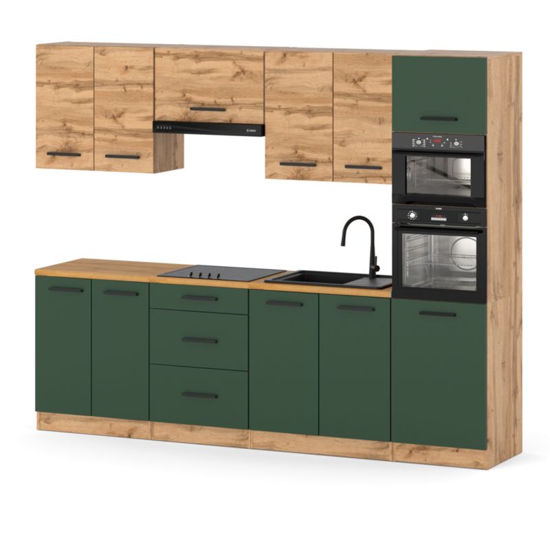Zestaw Kuchenny Hurtownia-Mebli Z Blatem Kuchnia Marra 260cm Dąb Wotan Dąb Wotan/Butelkowa Zieleń 260x47x217 cm 1szt.