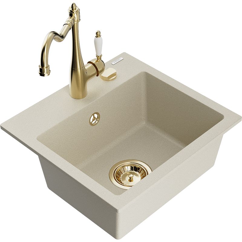 Zlewozmywak granitowy 1-komorowy Mexen Milo z baterią kuchenną Carla beżowy 6505-69-670700-50