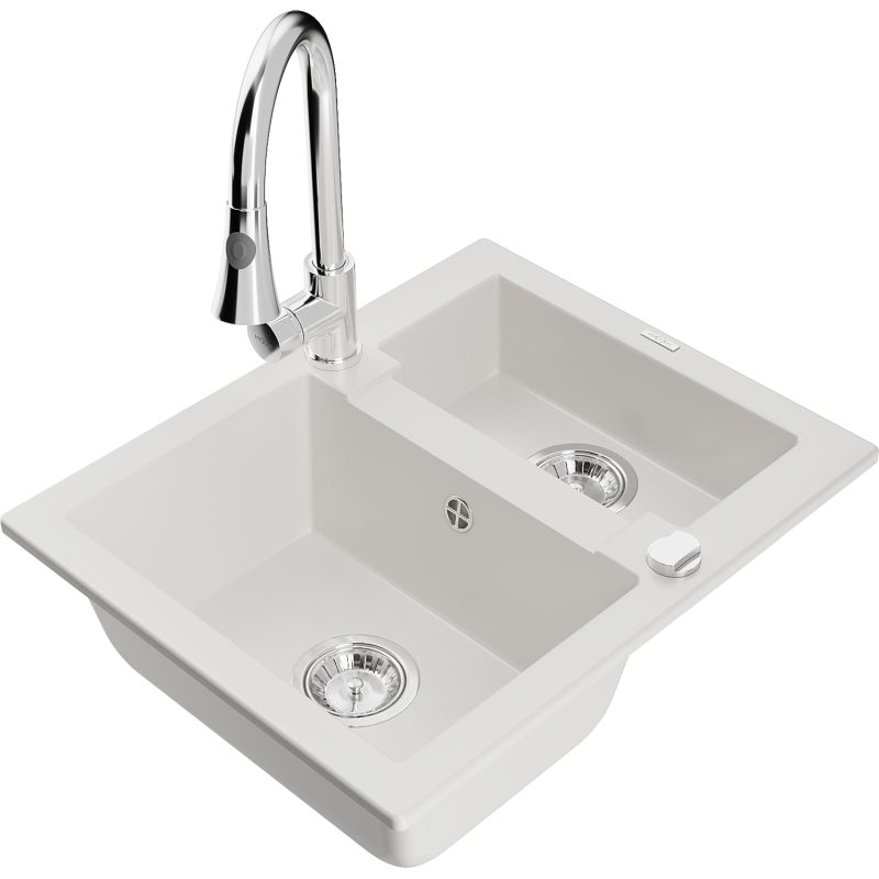 Zlewozmywak granitowy 1.5-komorowy Mexen Carlos z baterią kuchenną Elia biały 6518-20-670101-00