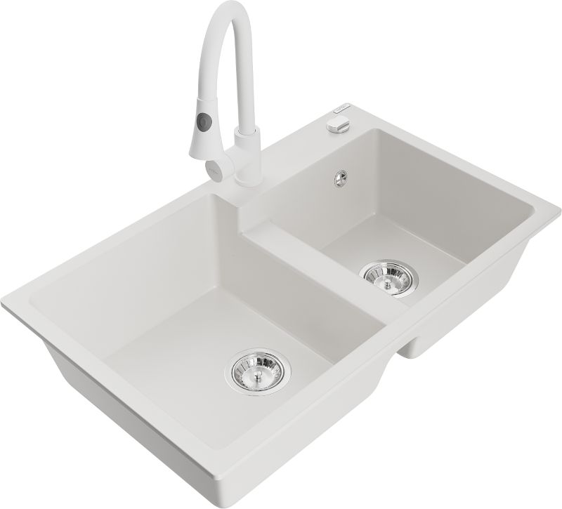 Zlewozmywak granitowy Mexen Tomas 2-komorowy z baterią kuchenną Elia biały - 6516-20-670101-70 1 szt.
