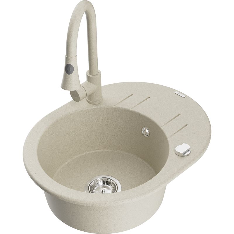 Zlewozmywak granitowy 1-komorowy Mexen Kevin z ociekaczem i baterią kuchenną Elia beżowy 6517-69-670101-69