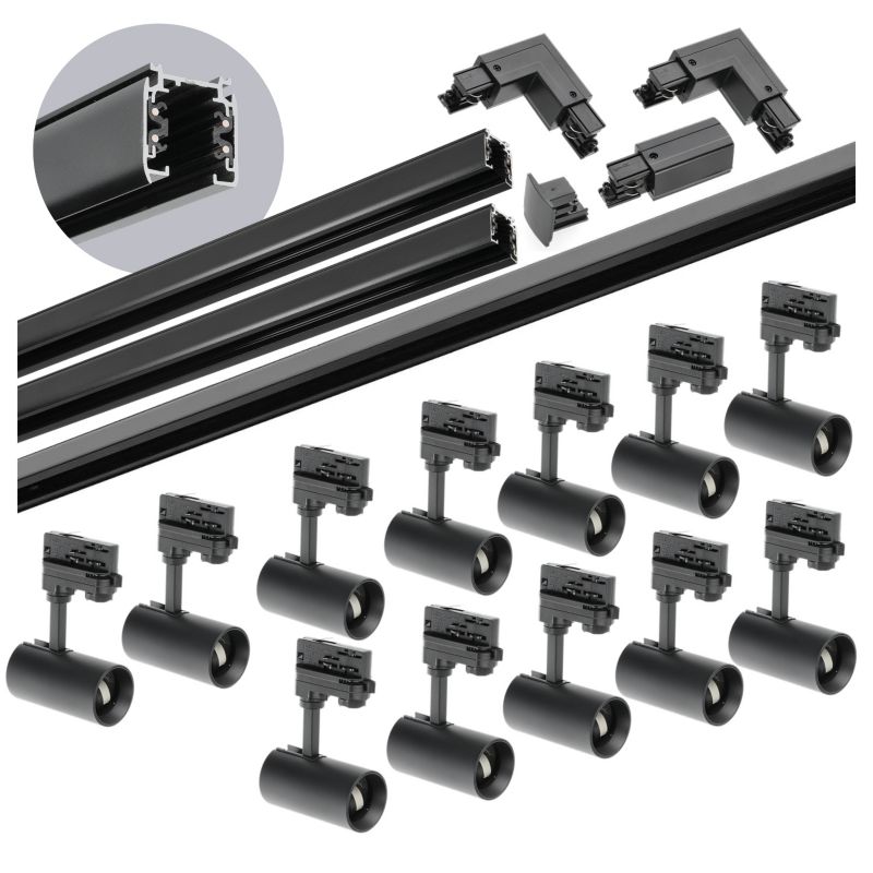 Zestaw szynowy 3-fazowy Kobi 1m+1m+2m, 12x Lampa, łącznik L czarny 1kpl.