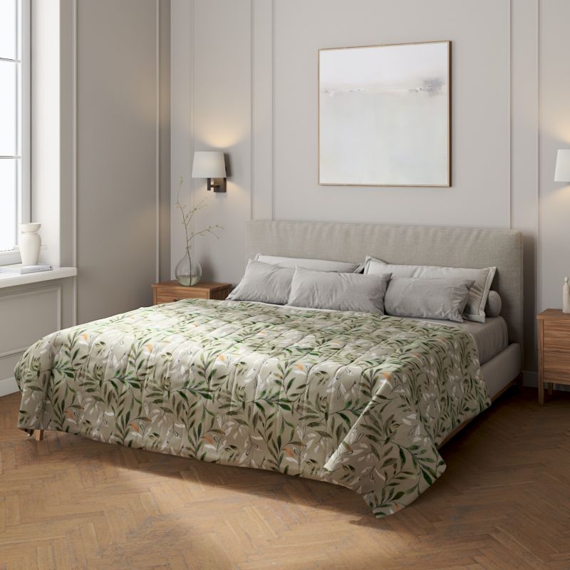 Narzuta pikowana w pasy Dekoria 260 x 210 cm zielone gałązki na szarym tle 1 szt.