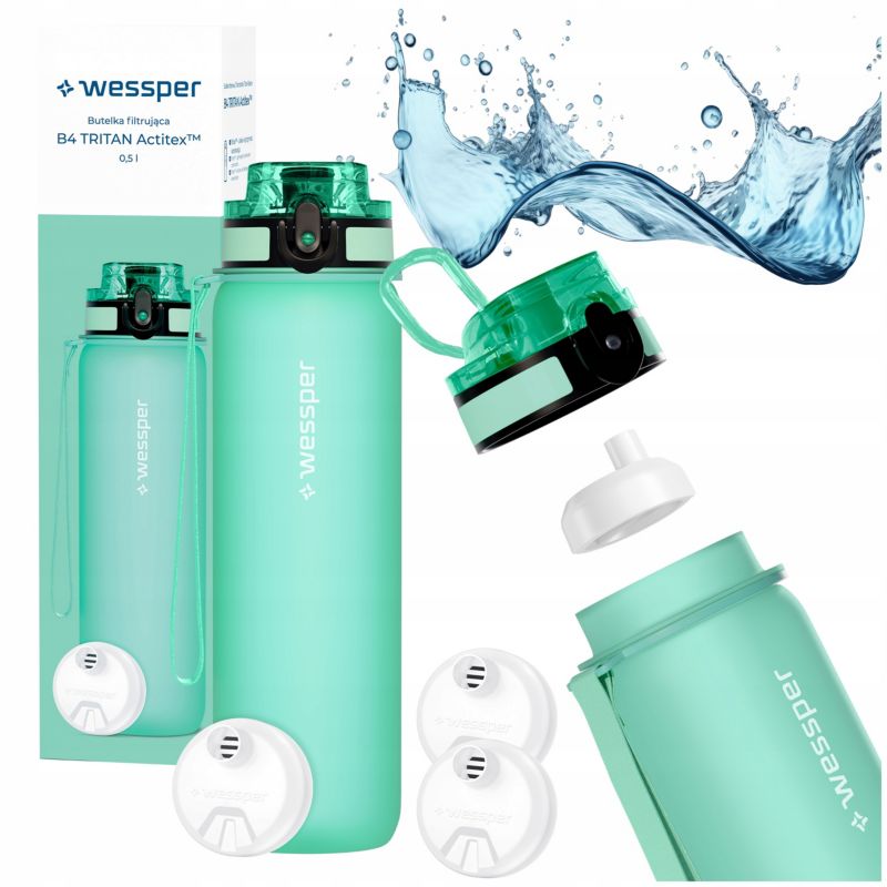 Butelka na wodę, Wessper, filtrująca, tritanowa, bidon + 3x filtr wody, bez BPA, 500ml, B4 TRITAN Actitex, miętowa, 4szt