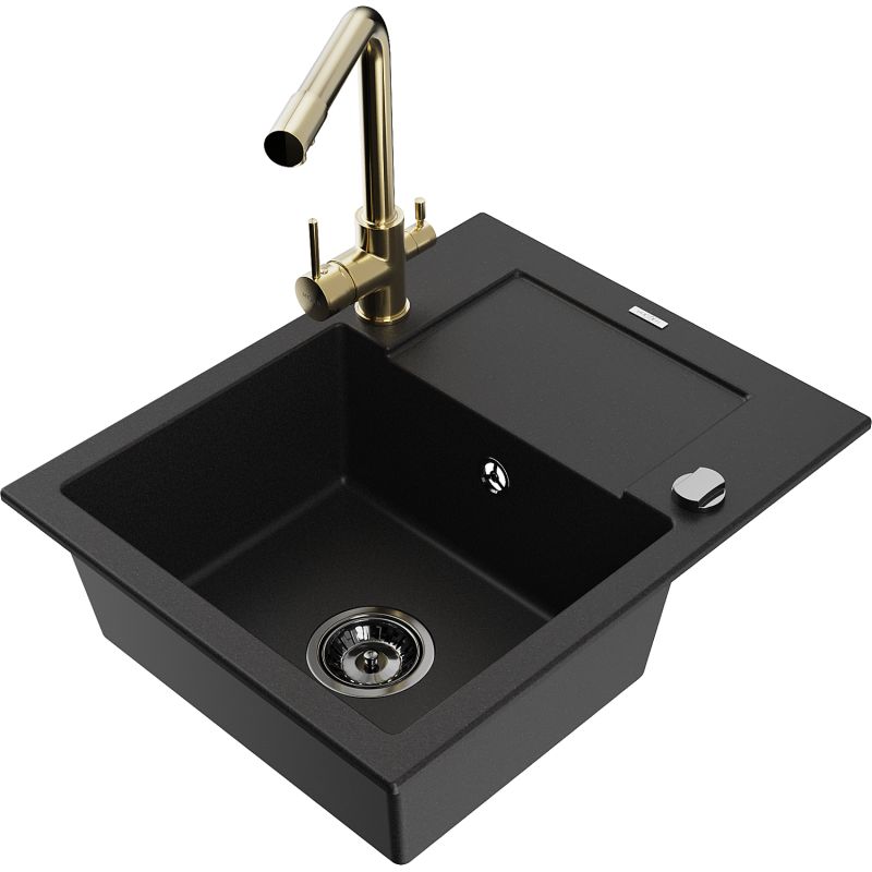 Zlewozmywak granitowy 1-komorowy Mexen Enzo z ociekaczem i baterią kuchenną Duero czarny - 6506-77-671600-50 1 szt.