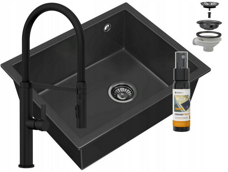 Zlewozmywak granitowy podblatowy Granitan Salix Czarny Bateria Full Czarna Syfon Czarny 1 kpt.
