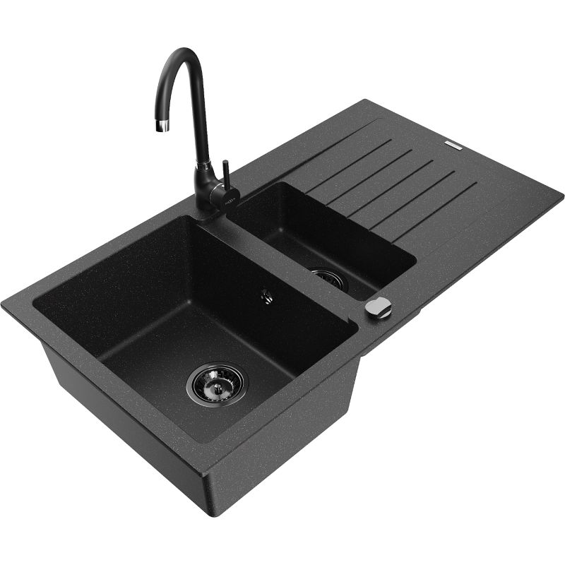 Zlewozmywak granitowy 1.5-komorowy Mexen Matias z ociekaczem i baterią kuchenną Telma czarny/srebrny 6502-73-670200-70-B