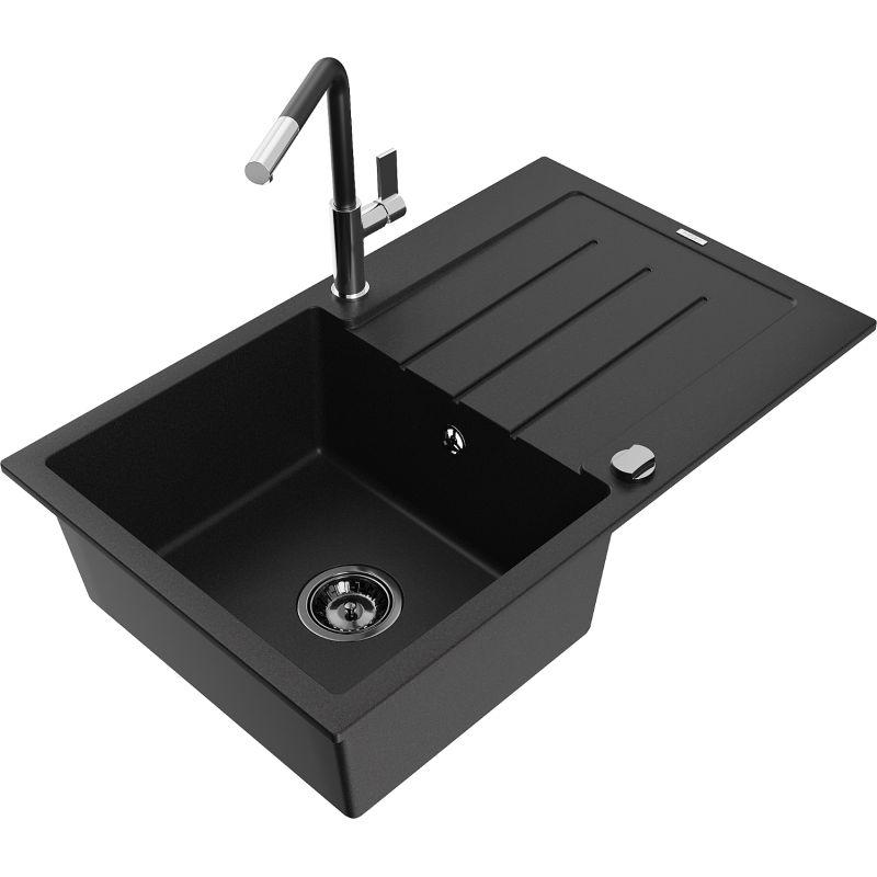 Zlewozmywak granitowy 1-komorowy Mexen Bruno z ociekaczem i baterią kuchenną Flora czarny 6513-77-670401-07-B