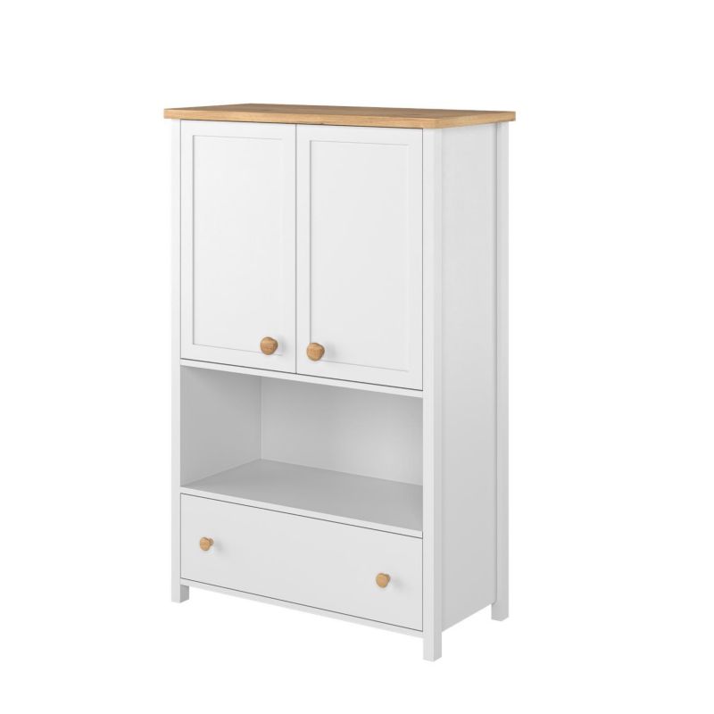 Wysoka komoda dwudrzwiowa BETTSO STORY z półkami i pojemną szufladą