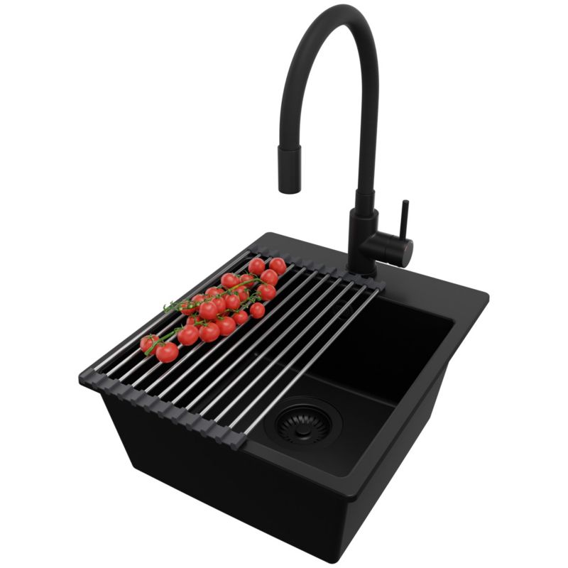 Zlewozmywak Granitowy Ryga Easy PRIMAGRAN Nablatowy 38x44cm do szafki od 40cm z Syfonem i Baterią i Dodatkiem Cały Czarny 1 szt.