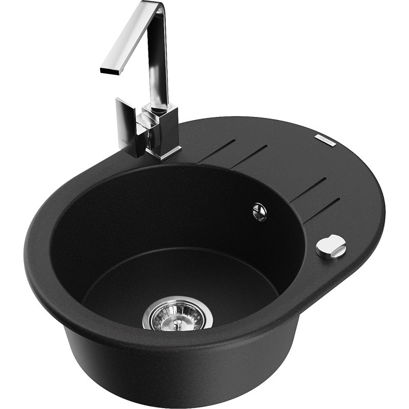 Zlewozmywak granitowy 1-komorowy Mexen Kevin z ociekaczem i baterią kuchenną Rita czarny - 6517-77-670300-50-B 1 szt.