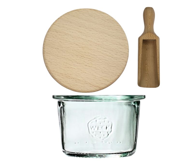 Słoik MODO24 Weck 80 ml fi 60 mold z drewnianym wiekiem i miarką 1 kpl.