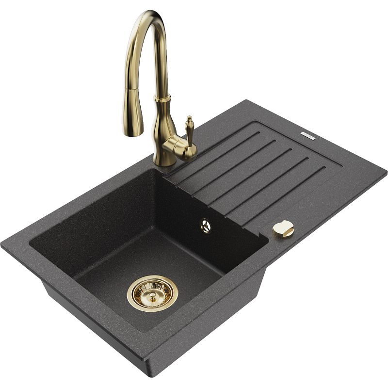 Zlewozmywak granitowy 1-komorowy Mexen Pablo z ociekaczem i baterią kuchenną Savita czarny nakrapiany 6510-76-672601-50