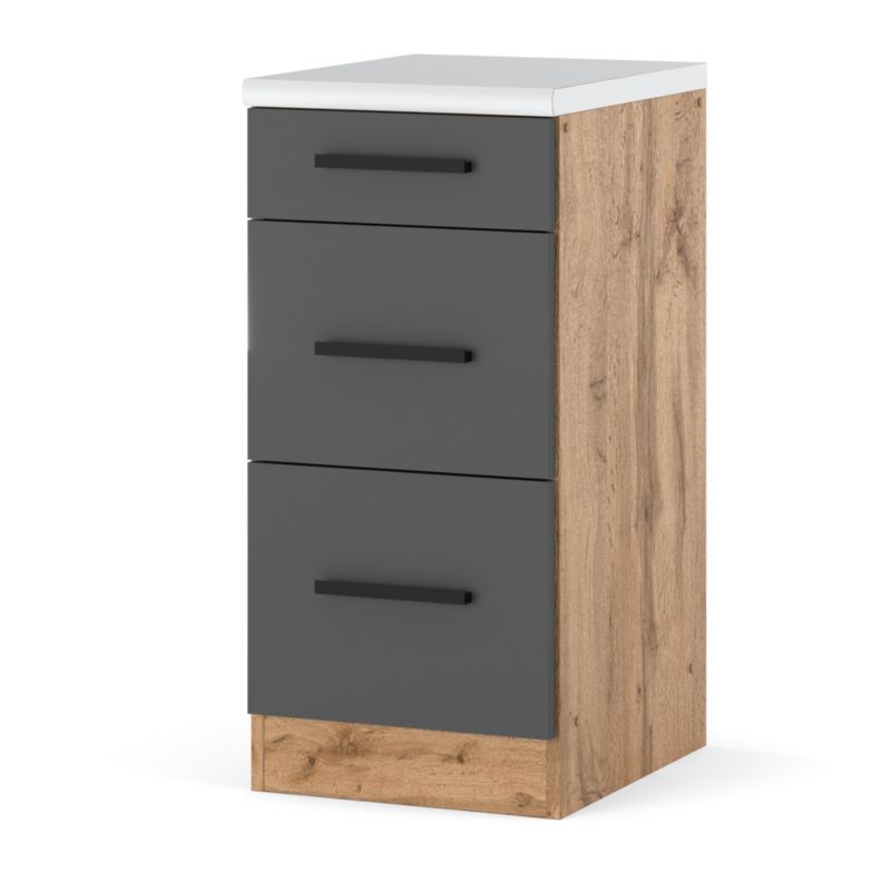Szafka Kuchenna Hurtownia-Mebli Stojąca Z Szufladami Blanka dolna D40-3SZ 40cm Dąb Wotan Szary Mat 40x47x85 cm 1szt.