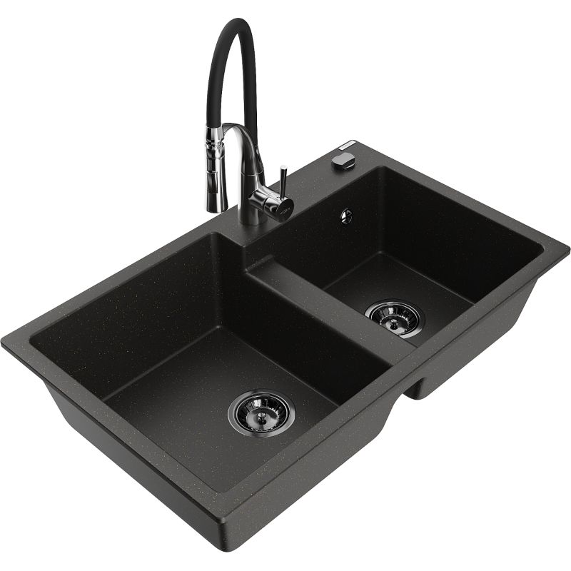 Zlewozmywak granitowy 2-komorowy Mexen Tomas z baterią kuchenną Aster czarny/złoty metalik 6516-75-73450-07-B