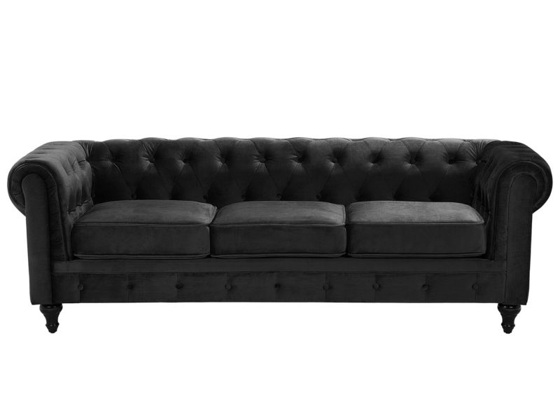 Sofa 3-osobowa welurowa czarna Chesterfield 1 szt.
