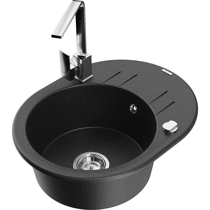 Zlewozmywak granitowy 1-komorowy Mexen Kevin z ociekaczem i baterią kuchenną Rita czarny/srebrny - 6517-73-670300-50 1 szt.
