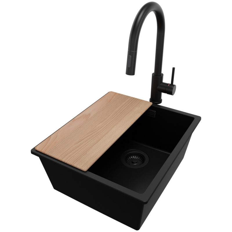 Zlewozmywak Granitowy Londyn Slim PRIMAGRAN Nablatowy 41x47cm do szafki od 45cm z Syfonem i Baterią i Dodatkiem Cały Czarny 1 szt.