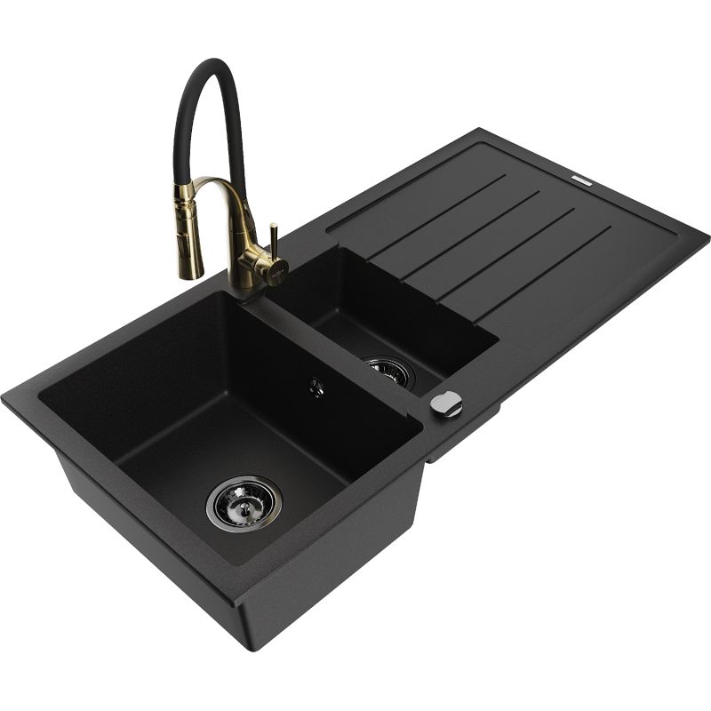 Zlewozmywak granitowy 1.5-komorowy Mexen Andres z ociekaczem i baterią kuchenną Aster czarny - 6515-77-73450-57-G 1 szt.