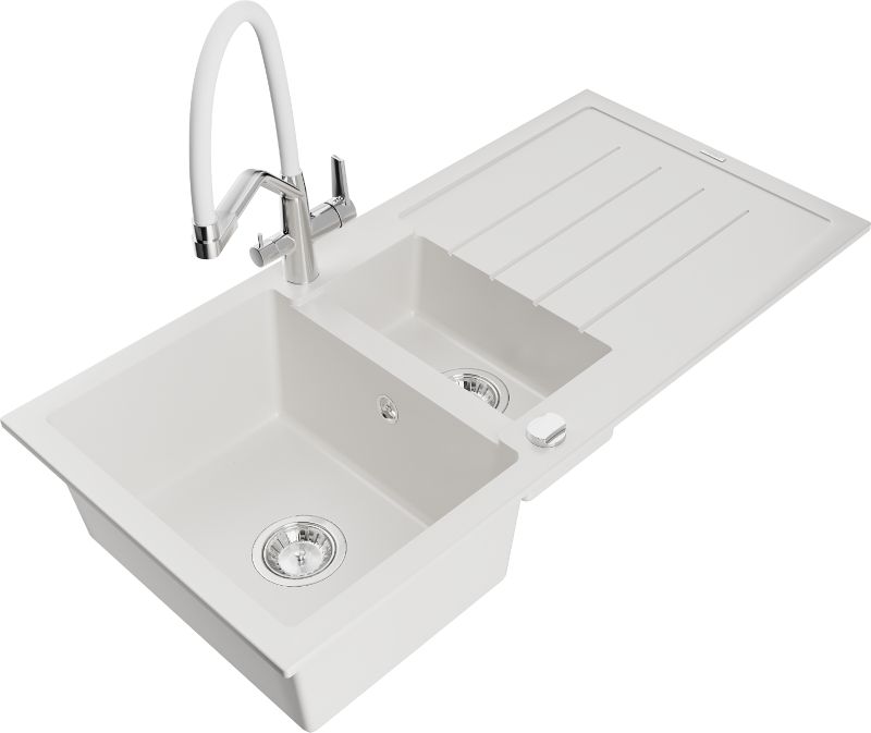 Zlewozmywak granitowy Mexen Andres 1,5-komorowy z ociekaczem i baterią kuchenną Duo biały 6515-20-671701-02