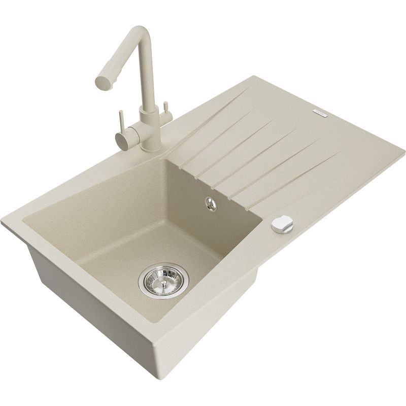 Zlewozmywak granitowy 1-komorowy Mexen Cesar z ociekaczem i baterią kuchenną Duero beżowy 6514-69-671600-69