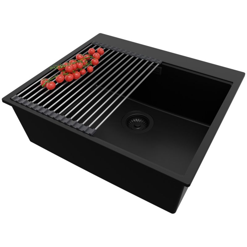 Zlewozmywak Oslo PRIMAGRAN Nablatowy 58x50cm do szafki od 60cm z Syfonem i Dodatkiem Cały Czarny 1 szt.